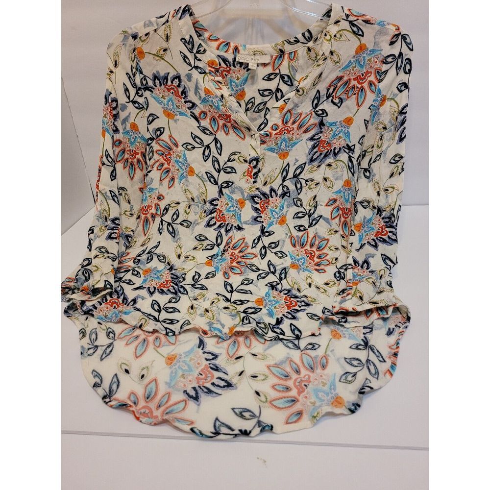 Pale Sky Floral Blouse Women Small White Blue Orange High Low Roll Tab Excellent